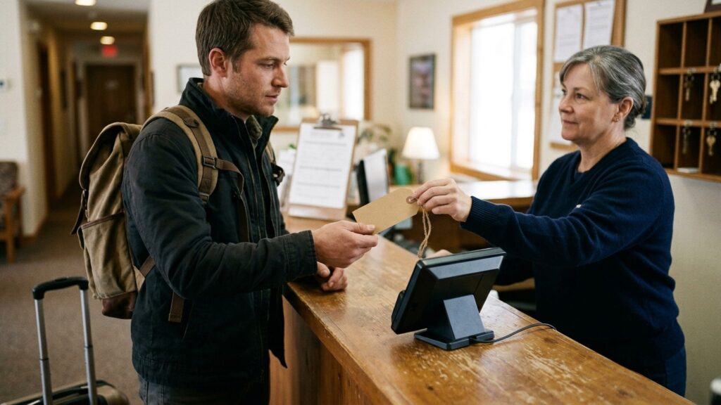 A traveler with luggage receives a plain card across a wooden reception counter.
