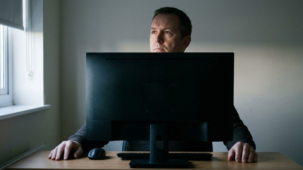A man rests both hands on a desk behind a large monitor and looks toward a window.
