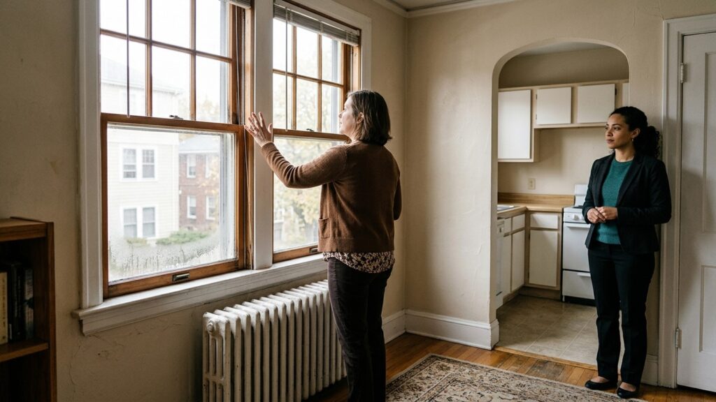 A woman examines an apartment window while another woman waits near the doorway.